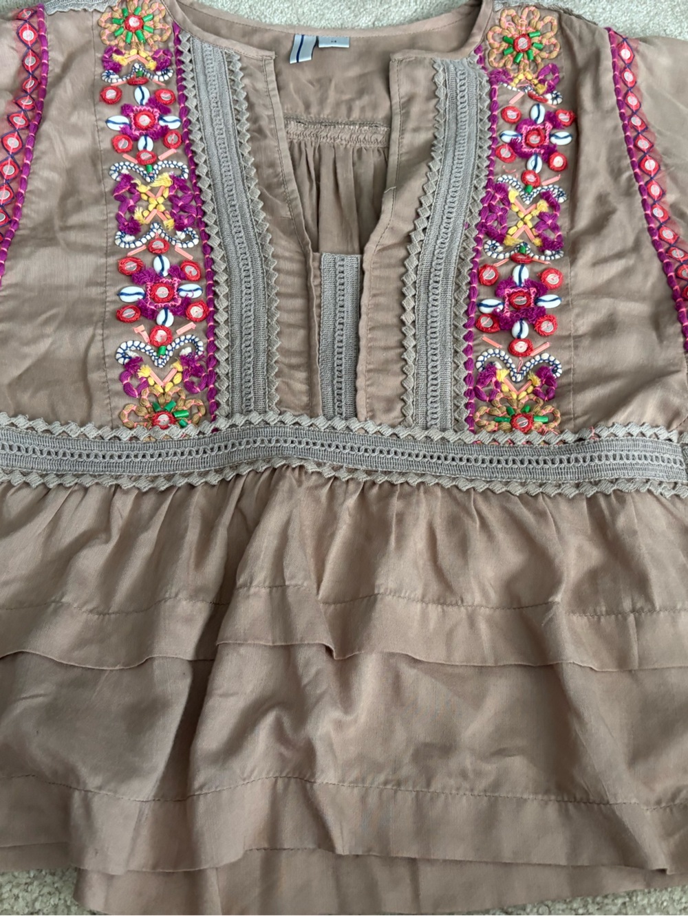 Anthropologie Embroidered Beige Boho Peasant Top